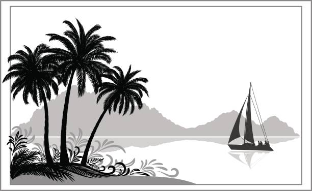 Landscape with Ship, Palms and Mountains Exotic Sea Landscape, Tropical Palms Trees and Floral Pattern, Sailboat Ship, Mountains, Black and Grey Silhouettes on White Background. Vector black and white beach stock illustrations