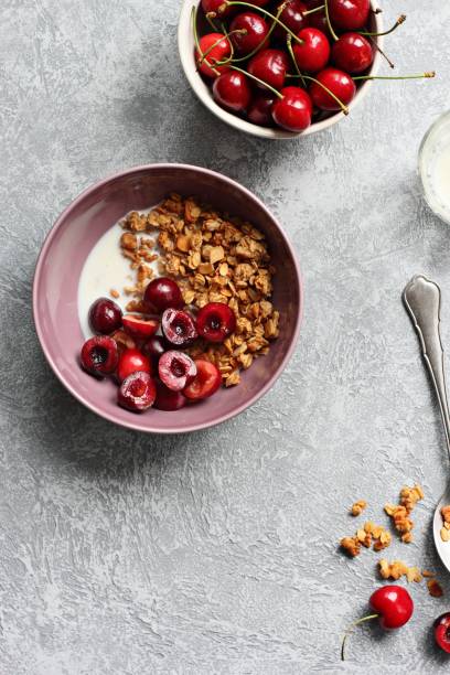 Granola with cherries. Healthy gluten free breakfast.