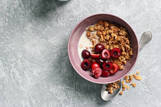 Granola with cherries. Healthy gluten free breakfast.