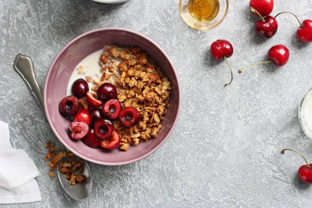 Granola with cherries. Healthy gluten free breakfast.