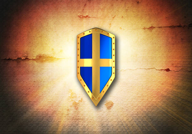 Blue shield with black corners on the dark rough background.