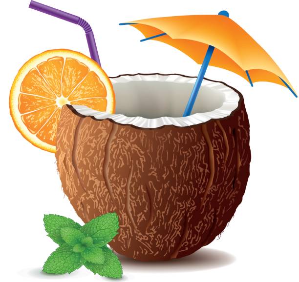 kokosnuss drink cocktail mit minze blatt und orange slice - drink umbrella stock-grafiken, -clipart, -cartoons und -symbole