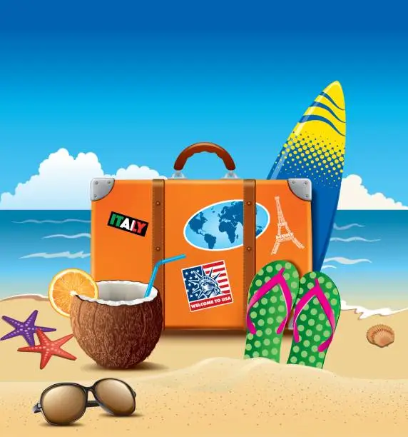 Vector illustration of Holiday suitcase with sticker, flip-flops, summer cocktail in coconut, sunglasses at beach