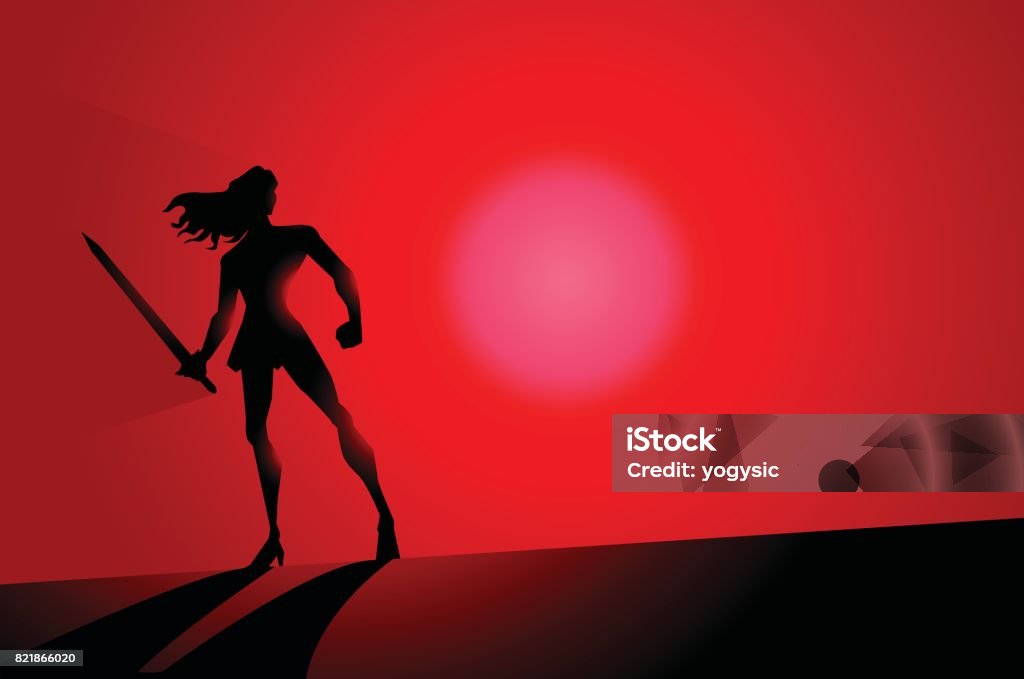 Vector Female Warrior Superhero Silhouette A silhouette illustration of a female warrior superhero wielding sword. Wide space availble for your copy. Sword stock vector