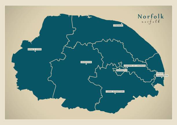 ilustrações, clipart, desenhos animados e ícones de moderno mapa - condado de norfolk com ilustração de distritos e cidades uk - norfolk