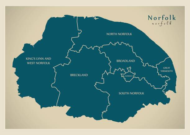 illustrazioni stock, clip art, cartoni animati e icone di tendenza di mappa moderna - contea di norfolk con didascalie dettagliate illustrazione del regno unito - east anglia immagine