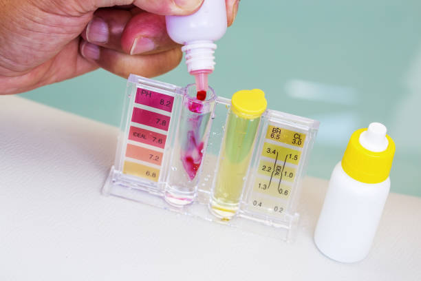 istock Kit of Ph chlorine and bromide test. Close-up on the test zone for pH 821880678