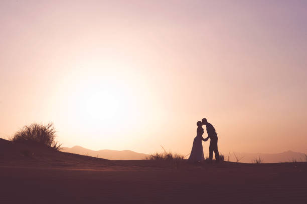 wedding couple kissing in desert - silhouette kissing park sunset imagens e fotografias de stock