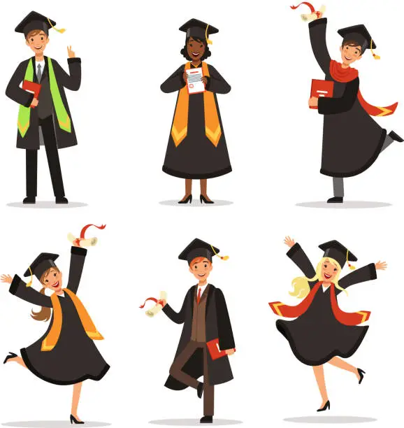 Vector illustration of Success and happy students. Graduation in different countries. Vector characters