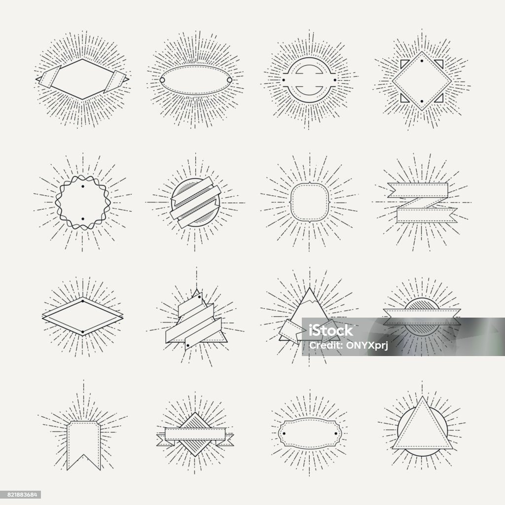 Stamp and badges collection. Different shapes and sunburst frames. Vintage monochrome banners and vector ribbons Stamp and badges collection. Different shapes and sunburst frames. Vintage monochrome banners and vector ribbons. Frame badge with sunburst and ribbon illustration Hipster Culture stock vector