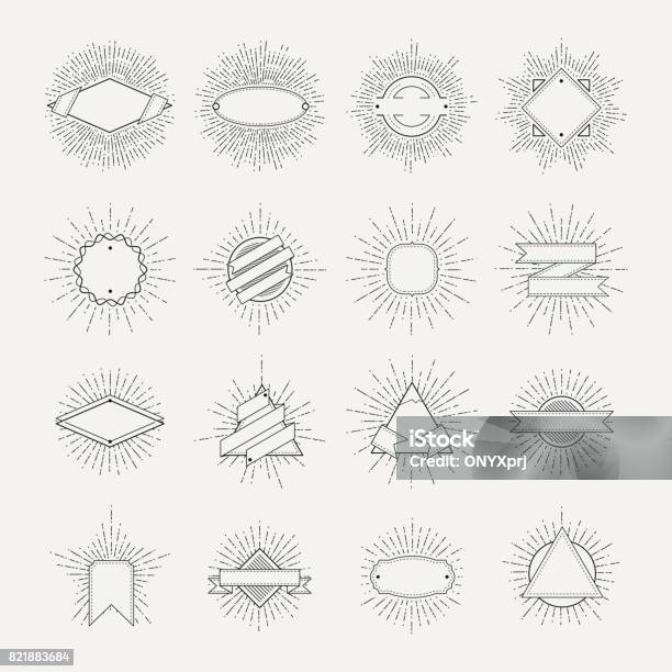 Stamp And Badges Collection Different Shapes And Sunburst Frames Vintage Monochrome Banners And Vector Ribbons Stock Illustration - Download Image Now