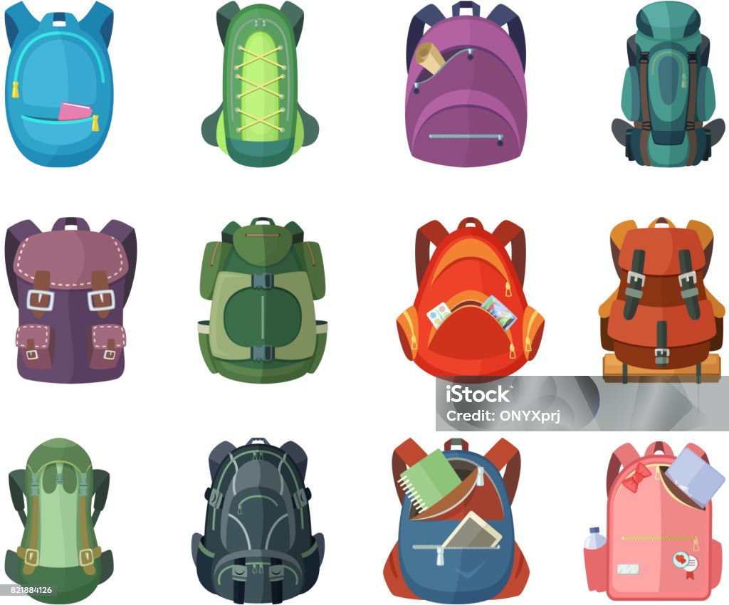 Backpacks for school and hiking. Vector illustration in flat style Backpacks for school and hiking. Vector illustration in flat style. Backpack, and rucksack for school and adventure travel Backpack stock vector