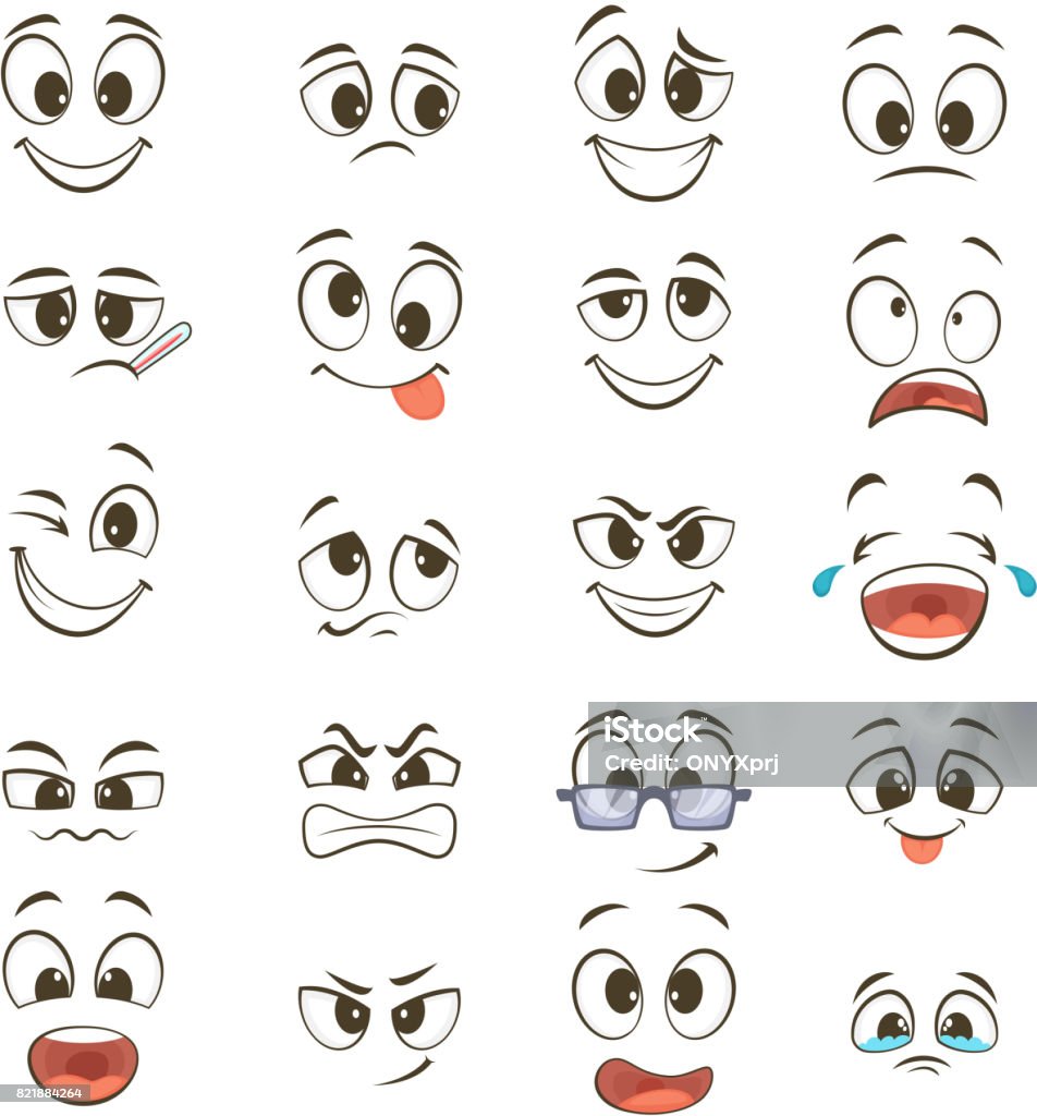 Cartoon-glückliche Gesichter mit unterschiedlichen Ausdrucksformen. Vektor-Illustrationen - Lizenzfrei Comic - Kunstwerk Vektorgrafik