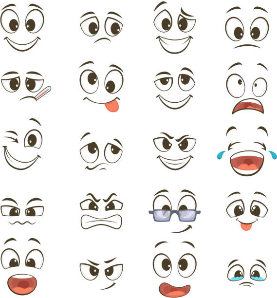 Cartoon happy faces with different expressions. Vector illustrations Cartoon happy faces with different expressions. Vector illustration. Happy face emotion, funny character emoticon caricature cartoon human face eye stock illustrations