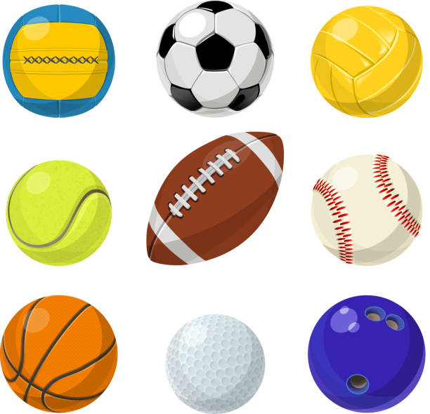 ilustrações, clipart, desenhos animados e ícones de equipamentos de esporte. bolas diferentes em estilo cartoon. conjunto de coleta de vetor - tennis ball american football football