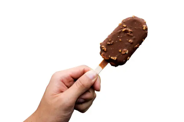 Photo of hand holding Chocolate almonds Ice cream bar isolate on white background