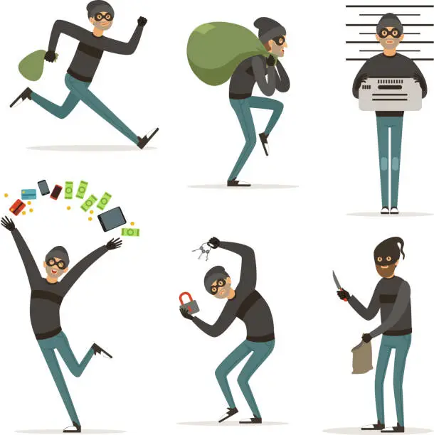 Vector illustration of Different actions scenes with cartoon bandit. Vector mascot of thief in action poses. Illustrations of robbery or raid