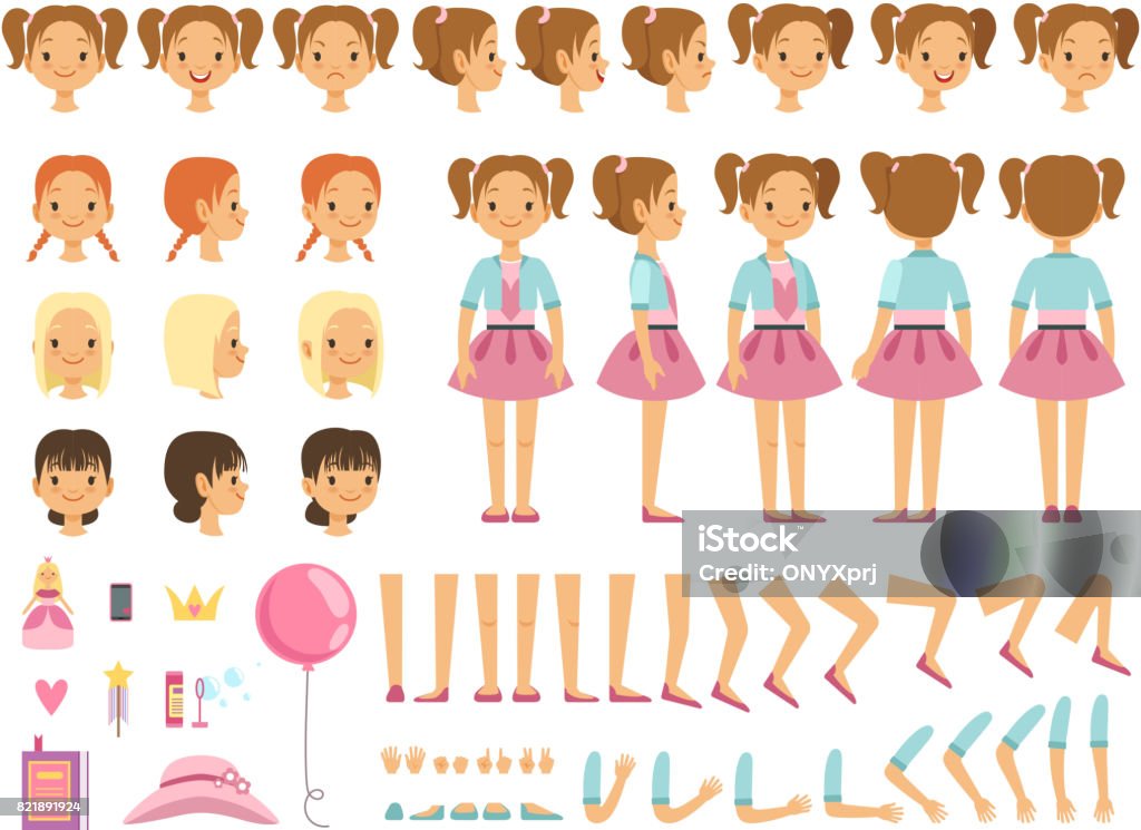 Kit de création de mascotte de la petite fille et quelques jouets d’enfants. Constructeur de vecteur avec plaisir émotions et différentes parties du corps - clipart vectoriel de Petites filles libre de droits