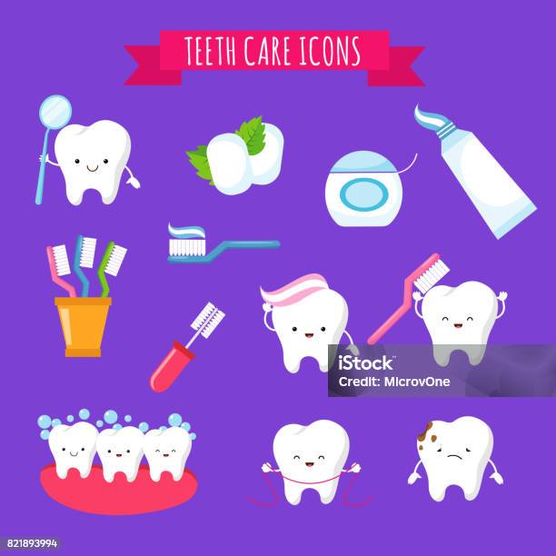  Ilustración de Cepillado Y Cuidado Dental Cute Dibujos Animados Iconos Para Niños Dientes Divertidos Con Cepillo De Dientes Y Pasta De Dientes y más Vectores Libres de Derechos de Cepillar los dientes -