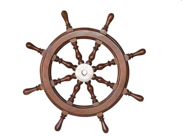 Vintage wooden steering wheel of the ship isolated on white background.