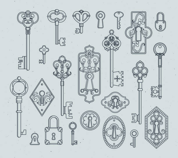 zabytkowe klucze i kłódki do średniowiecznych drzwi. ręcznie rysowane ilustracje wektorowe - keyhole key lock padlock stock illustrations