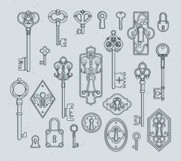 Vector illustration of Vintage keys and padlocks for medieval doors. Hand drawn vector illustrations