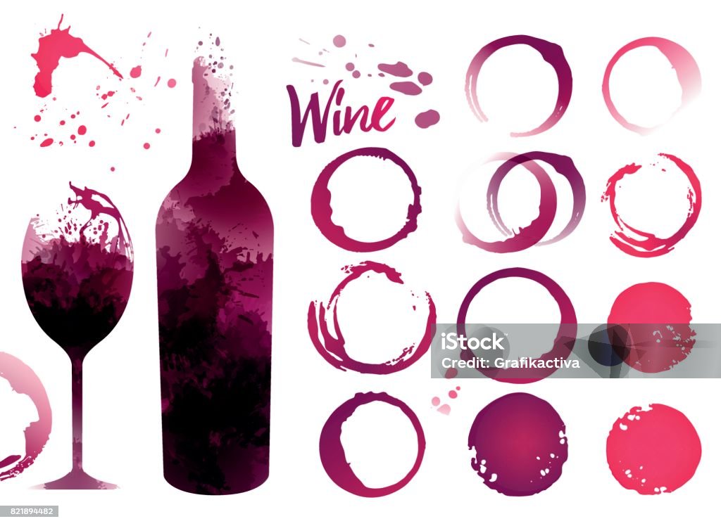 Wine stains set for your designs Wine stains set for your designs. Color texture red wine or rose wine. Illustration of glass and bottle of wine with stains. Vector Wine stock vector