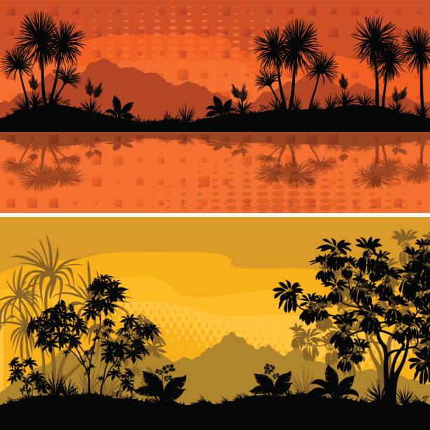 Set Landscapes, Palms and Plants Set Exotic Sea and Mountains Landscapes, Tropical Palms Trees, Plants and Flowers Silhouettes on Abstract Background. Vector tropical beach and clouds scene stock illustrations