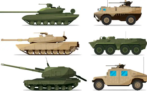 Vector illustration of Military vehicle. Different artillery machines support. Heavy army transport isolated on white. Illustrations in flat style