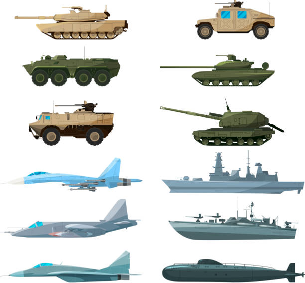marine-fahrzeuge, flugzeuge und verschiedene kriegsschiffe. illustrationen von artillerie, panzern und u-boot - militärisches landfahrzeug stock-grafiken, -clipart, -cartoons und -symbole