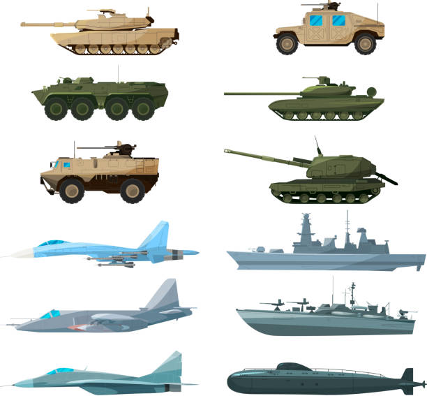 Naval vehicles, airplanes and different warships. Illustrations of artillery, battle tanks and submarine. Military battleship and car armed, plane and ship illustration