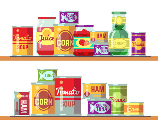 Red tomato soup and canned food vector illustration Red tomato soup and canned food vector illustration. Tomato tinned container product in shelf retail preserved food stock illustrations
