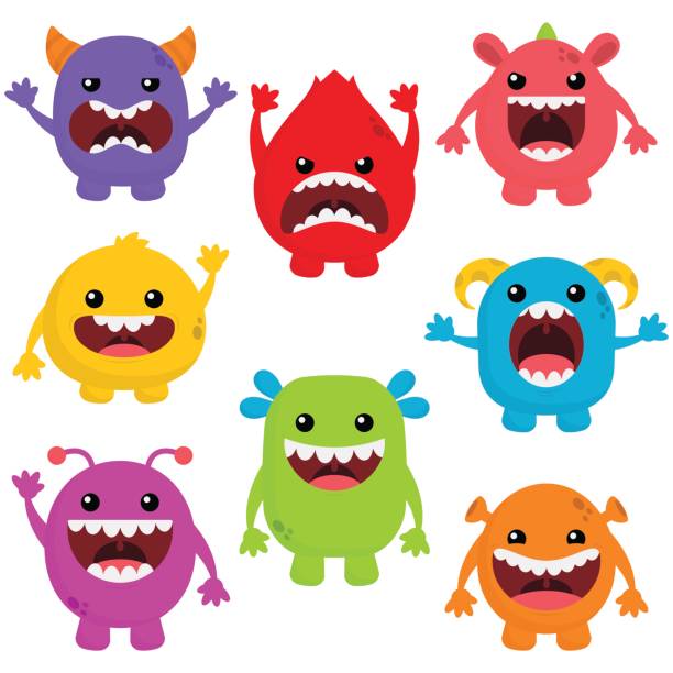ilustrações de stock, clip art, desenhos animados e ícones de cute monsters with big mouths - bed child fear furniture