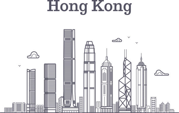 illustrations, cliparts, dessins animés et icônes de toits de ville hong kong chine. bâtiments et monuments de l’architecture vectorielle panorama de ligne - hong kong skyline panoramic china