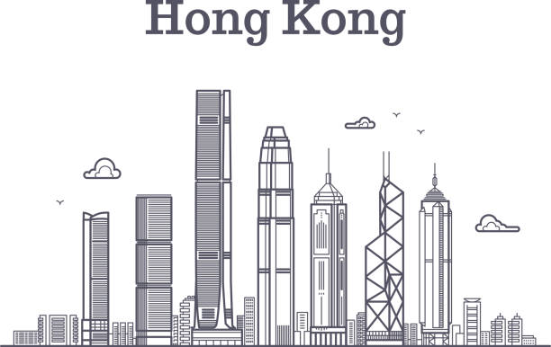 中国香港の街のスカイライン。建築のランドマークや建物ベクトル ライン全景 - hong kong skyline panoramic china点のイラスト素材／クリップアート素材／マンガ素材／アイコン素材