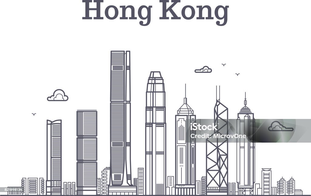 China hong kong city skyline. Architecture landmarks and buildings vector line panorama China hong kong city skyline. Architecture landmarks and buildings vector line panorama. Cityscape panorama with skyscraper building illustration Hong Kong stock vector