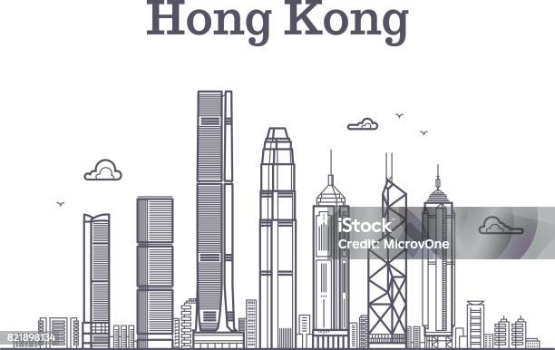 China Hong Kong City Skyline Architecture Landmarks And Buildings Vector Line Panorama Stock Illustration - Download Image Now