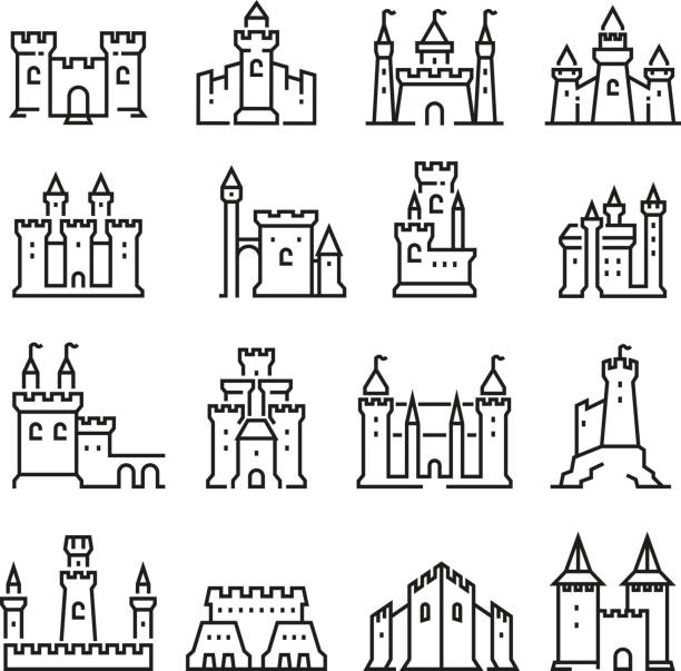 ilustrações, clipart, desenhos animados e ícones de castelo medieval e antiga torre ícones de vetor de linha de fortaleza - fort