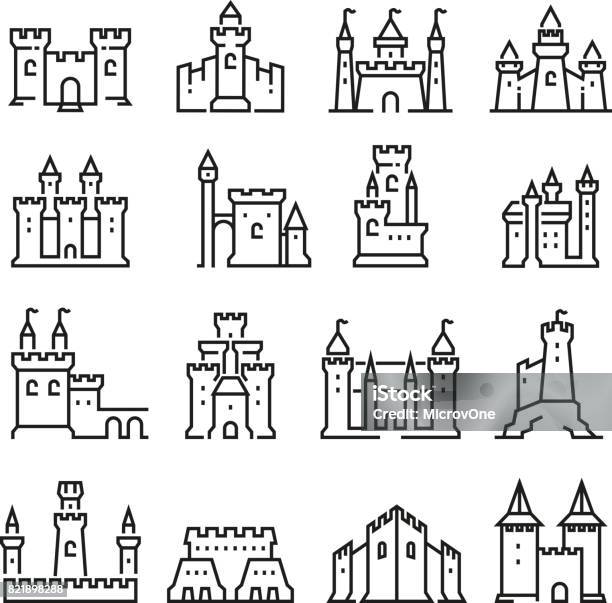 Medieval Castle And Ancient Tower Fortress Line Vector Icons Stock Illustration - Download Image Now