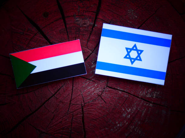 bandeira do sudão com a bandeira de israel em um toco de árvore isolada - republic of the sudan - fotografias e filmes do acervo