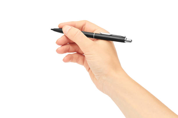 istock Female hands hold a pen. Isolated on white background 821900340