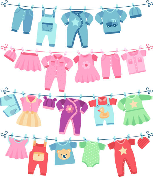 ilustraciones, imágenes clip art, dibujos animados e iconos de stock de secado en tendedero de la ropa del bebé vector ilustración - ropa de bebé