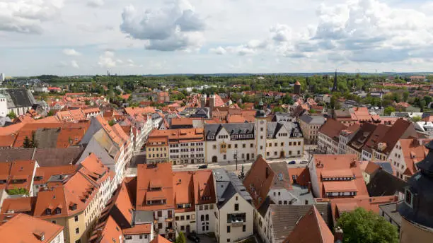 Upper market place of Freiberg, Germany with the famous town hall, seen from the tower of the church St. Peter