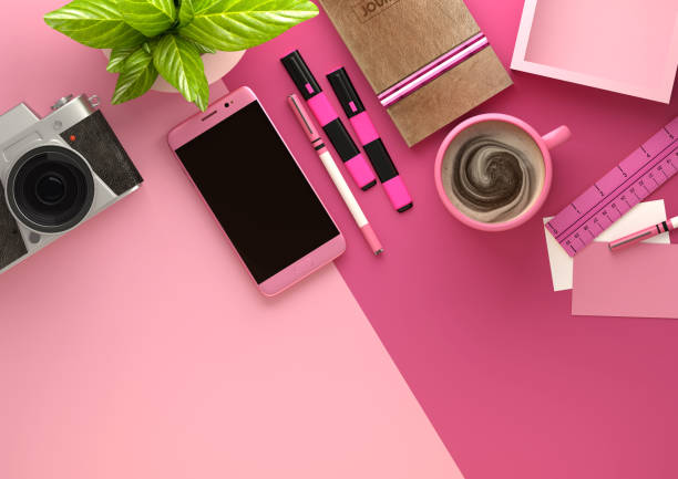 istock Top down view of modern work space office desk with essentials 821909974