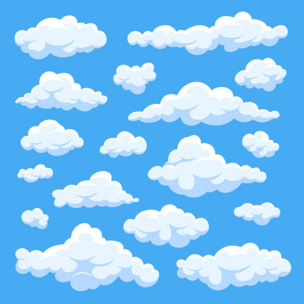 puszyste białe chmury kreskówek w zestawie wektorów błękitnego nieba. pochmurny dzień niebo - cloud cloudscape cumulus cloud sky stock illustrations