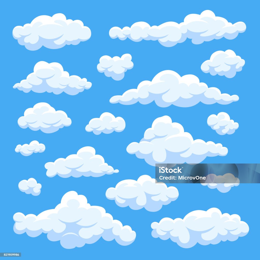 Fluffy white cartoon clouds in blue sky vector set. Cloudy day heaven Fluffy white cartoon clouds in blue sky vector set. Cloudy day heaven. Cartoon cloudy fluffy illustration Cloud - Sky stock vector