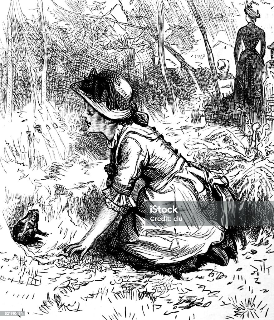 Girl kneeling looking at a frog Illustration from 19th century Antique stock illustration