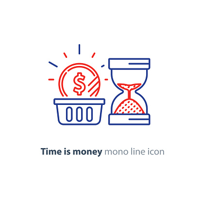 Financial basket, time is money concept, budget planning, fund rising, savings account, long term investment strategy, income growth, sand glass vector mono line icon