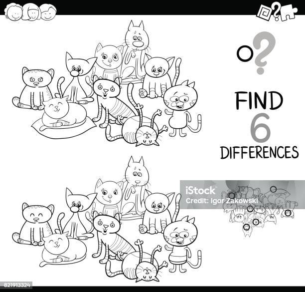 Spot The Difference With Cats Coloring Book Stock Illustration - Download Image Now - Animal, Black And White, Book