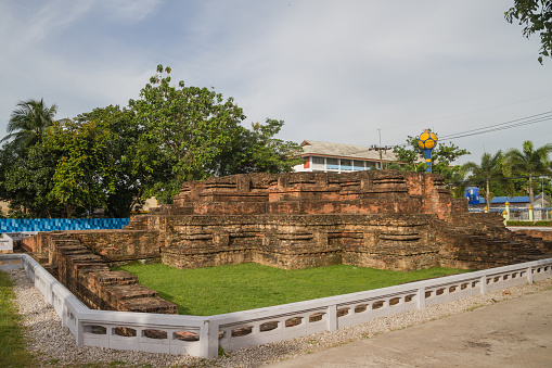 ruin pagoda remain only base at  old temple in Chaiya city,Surat Thani,Thailand